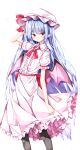  1girl alternate_hair_length alternate_hairstyle bangs bat_wings blue_hair center_frills closed_mouth dress feet_out_of_frame frills hand_in_own_hair hat hat_ribbon highres long_hair looking_at_viewer mob_cap pointy_ears purple_hair red_eyes red_ribbon remilia_scarlet ribbon sabana short_sleeves solo sweatdrop touhou white_dress wings 