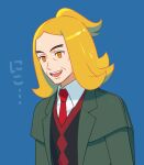  1boy :d black_vest blonde_hair blue_background collared_shirt commentary_request green_jacket happy hassel_(pokemon) highres jacket looking_down male_focus necktie open_clothes open_jacket open_mouth orange_eyes pokemon pokemon_(game) pokemon_sv red_necktie shirt smile solo teeth tongue u2t5k2s5 upper_body vest white_shirt 