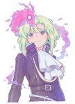  1boy androgynous ascot belt black_belt black_jacket earrings fire green_hair highres jacket jewelry kome_1022 leather leather_jacket light_smile lio_fotia looking_at_animal male_focus multiple_belts promare purple_eyes pyrokinesis short_hair simple_background solo studded_belt white_ascot white_background 