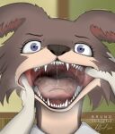  anthro beastars black_nose blue_eyes bodily_fluids brown_body brown_fur brunotheshihtzu canid canine canis clothing confusion female fur internal juno_(beastars) legoshi_(beastars) mammal mawplay mouth_shot open_mouth saliva saliva_string school_uniform steam teeth teeth_showing thin_eyebrows tongue uniform watermark white_clothing wolf 