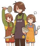  3others :d :| =_= androgynous antenna_hair apron arm_up black_apron blue_sweater bowl brown_apron brown_hair brown_pants chara_(undertale) child closed_eyes closed_mouth cowboy_shot crazy_eyes deltarune expressionless floral_print frisk_(undertale) frying_pan green_sweater hair_over_one_eye heart_pendant highres holding holding_bowl holding_frying_pan holding_knife holding_whisk in-franchise_crossover knife kris_(deltarune) long_sleeves looking_at_another looking_at_viewer multiple_others no_nose one_eye_covered open_mouth other_focus outstretched_arm pants pocket puff_of_air red_eyes shaded_face short_hair simple_background smile standing sweater tadeno undertale whisk white_background yellow_apron 