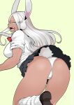  1girl absurdres animal_ears asha ass ass_focus black_footwear black_skirt boku_no_hero_academia bow bowtie breasts commentary_request dark-skinned_female dark_skin foot_out_of_frame from_behind highres large_breasts long_hair looking_at_viewer looking_back loose_socks miniskirt mirko open_mouth panties pleated_skirt rabbit_ears rabbit_girl rabbit_tail red_bow red_bowtie red_eyes shirt shoes simple_background skirt sleeves_rolled_up socks solo tail thick_thighs thighs underwear white_hair white_panties white_shirt white_socks 