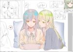  2girls bang_dream! bang_dream!_it&#039;s_mygo!!!!! blue_hair chinese_commentary commentary_request eighth_note green_hair grey_shirt hair_ornament hairclip heads_together heart holding holding_paper ki3wii long_hair multiple_girls musical_note official_art_inset paper parted_lips shirt spoken_heart togawa_sakiko wakaba_mutsumi yellow_eyes yellow_shirt yuri 