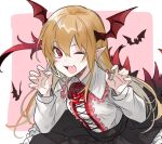  1girl bat_wings black_skirt blonde_hair blush center_frills claw_pose collared_shirt fang flower frilled_shirt_collar frills granblue_fantasy head_wings long_hair long_sleeves looking_at_viewer one_eye_closed open_mouth pointy_ears red_eyes rose shirt shirt_tucked_in sidelocks skin_fang skirt solo upper_body vampy white_shirt wings yakota_(usuk-yako) 