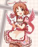  1girl @_@ abe_nana animal_ears bow bowtie box braid breasts brown_eyes brown_hair cowboy_shot dress frills gloves heart heart-shaped_box hemoglosso holding idolmaster idolmaster_cinderella_girls looking_at_viewer medium_breasts medium_hair one_eye_closed pink_bow pink_bowtie pink_dress rabbit_ears short_sleeves smile solo standing thighhighs valentine white_gloves white_thighhighs wings 