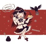  1girl animal beamed_sixteenth_notes bird bird_wings black_hair black_skirt black_wings blush closed_eyes collared_shirt crow cup eighth_note feathered_wings food frilled_skirt frills full_body geta hat holding holding_cup holding_plate mozukuzu_(manukedori) musical_note open_mouth plate puffy_short_sleeves puffy_sleeves red_footwear red_hat shameimaru_aya shirt short_hair short_sleeves skirt smile socks solo tengu-geta tokin_hat touhou wagashi white_shirt white_socks wings youkan_(food) 