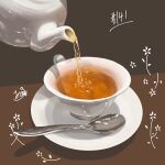  absurdres artist_name cup food food_focus highres no_humans original pouring saucer spoon table takisou_sou tea teacup teapot 