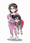  1boy 1girl black_hair black_shirt blue_eyes brown_hair cape child dc_comics frown hand_on_hip highres hokkemaruyaki jacket jonathan_kent lifting_person lois_lane male_child mother_and_son navel pants purple_eyes purple_jacket red_cape shirt simple_background superman_(series) sweatpants torn_clothes torn_pants white_background 