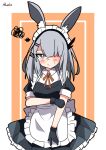  1girl absurdres alternate_costume animal_ear_fluff animal_ears apron arknights black_dress black_gloves blush border bow bowtie bright_pupils commentary_request dress enmaided frilled_dress frills frostnova_(arknights) frown gloves grey_eyes grey_hair hair_over_one_eye hendra highres inset_border long_hair looking_at_viewer maid maid_headdress orange_background puffy_short_sleeves puffy_sleeves rabbit_ears red_bow red_bowtie scar scar_on_face scar_on_nose scribble short_sleeves simple_background solo upper_body waist_apron white_apron white_pupils 