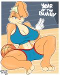  absurd_res anthro ball basketball_(ball) big_breasts blonde_hair blue_eyes breasts chinese_zodiac clothed clothing digital_media_(artwork) english_text female fur gloves hair handwear hi_res huge_breasts lagomorph leporid lola_bunny looking_at_viewer looney_tunes mammal rabbit shirt smile solo space_jam techymight text topwear warner_brothers year_of_the_rabbit 
