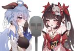  2girls :d ahoge asmr bare_shoulders bell binaural_microphone black_gloves blue_hair blush brown_hair commentary_request commission criss-cross_halter detached_sleeves dress flower_tattoo fox_mask ganyu_(genshin_impact) genshin_impact gloves goat_horns halterneck hand_up heart highres honkai:_star_rail honkai_(series) horns long_hair mask mask_on_head microphone mihoyo multiple_girls neck_bell neumann_ku_100 nyamo-lv0 obi parted_lips pink_eyes purple_eyes red_dress red_sleeves sash simple_background skeb_commission sleeveless sleeveless_dress smile sparkle_(honkai:_star_rail) speech_bubble tattoo translation_request twintails upper_body white_background white_sleeves 