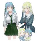  2girls animal_ears bang_dream! bang_dream!_it&#039;s_mygo!!!!! blue_hair blue_shirt blue_skirt cheek-to-cheek closed_mouth collared_shirt commentary green_hair green_necktie green_ribbon green_skirt hair_ornament hair_ribbon hairclip haneoka_school_uniform heads_together heart highres holding_hands indoors kemonomimi_mode ki3wii long_hair looking_at_viewer multiple_girls necktie pleated_skirt rabbit_ears ribbon sailor_collar school_uniform shirt skirt sleeves_rolled_up solo symbol-only_commentary togawa_sakiko tsukinomori_school_uniform wakaba_mutsumi white_background white_sailor_collar white_shirt yellow_eyes 