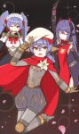  3girls :d android beret black_leotard breasts cape chirun0 closed_eyes closed_mouth dancing full_body hair_between_eyes hat heart heart_hands highres jumping leotard medium_breasts multiple_girls one_eye_closed orange_eyes poppi_(xenoblade) poppi_alpha_(xenoblade) poppi_qt_(xenoblade) poppi_qtpi_(xenoblade) puffy_shorts purple_hair red_cape robot_ears shorts smile v white_hat xenoblade_chronicles_(series) xenoblade_chronicles_2 