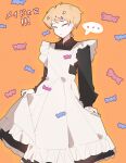  ... 1boy alternate_costume apron apron_hold atou_haruki black_dress blonde_hair chinese_commentary closed_eyes closed_mouth collared_dress commentary_request cowboy_shot crossdressing dress enmaided highres maid maid_apron maid_day male_focus male_maid no_nose saibou_shinkyoku short_hair snowattack solo spoken_ellipsis translated white_apron 
