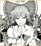  1girl ascot bangs bow character_name detached_sleeves greyscale hair_bow hair_tubes hakurei_reimu highres ishida_kazuma looking_at_viewer medium_hair monochrome ofuda orb parted_lips ribbon-trimmed_sleeves ribbon_trim shikishi simple_background solo touhou traditional_media upper_body yin_yang yin_yang_orb 