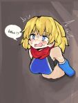  1girl ^^^ alice_margatroid blonde_hair blue_eyes blue_gloves blush breasts brown_background commentary_request cookie_(touhou) elbow_gloves english_text fishnet_top fishnets gloves kanakamei1 medium_bangs medium_breasts medium_hair open_mouth red_scarf scarf solo sweat through_wall touhou upper_body web_(cookie) 