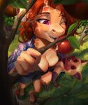 anthro apple apple_tree branch breasts cleavage cleavage_overflow clothed clothing conquart doll eating female food fruit fruit_tree giraffe giraffid hi_res holding_branch hooves legend_of_ahya mammal marle_talbender_(darkflamewolf) one_eye_closed plant plushie solo tree wink