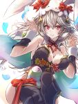  1girl absurdres alternate_costume animal_hat bangs bare_shoulders breasts clear_glass_(mildmild1311) cleavage corrin_(female)_(fire_emblem) corrin_(fire_emblem) egg fire_emblem fire_emblem_fates grey_hair hat highres medium_breasts playboy_bunny pointy_ears red_eyes smile solo wrist_cuffs 