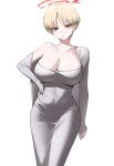  1girl absurdres alternate_costume blonde_hair blue_archive blush breasts cellphone cleavage closed_mouth covered_navel dongtan_dress dress grey_dress halo hand_on_own_hip highres holding holding_phone large_breasts long_sleeves looking_at_viewer marina_(blue_archive) meme_attire mutsuru_(omotta_yori) off_shoulder orange_eyes phone short_hair simple_background sleeves_past_wrists smartphone solo taut_clothes taut_dress white_background 