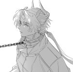  1boy animal_collar arknights chain chain_leash chong_yue_(arknights) collar commentary_request dragon_boy dragon_horns earrings greyscale highres horns jewelry korean_commentary leash leash_pull long_hair looking_at_viewer low_ponytail male_focus monochrome nills parted_lips pointy_ears simple_background upper_body white_background 