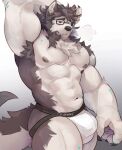  abs absurd_res anthro armpit_hair barazoku biceps black_claws black_nose blush body_hair brown_body brown_fur bulge butt canid canine canis chest_tuft claws clothed clothing domestic_dog eyewear fluffy fluffy_ears fluffy_hair fluffy_tail fur hair hand_behind_head hi_res jockstrap makowolf1 male mammal muscular muscular_anthro muscular_male one_eye_closed simple_background solo tail tuft underwear white_body white_fur 