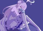  1girl 5amonbro angel_wings bare_legs blue_archive bouquet covering_face crossed_arms dress hair_bun halo highres holding holding_bouquet knees_to_chest looking_at_viewer mika_(blue_archive) peeking_out pink_hair purple_background simple_background single_hair_bun sitting wings yellow_eyes 