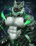 abs absurd_res armor black_body black_fur bodysuit canid canine clothing damaged_clothing duckaphion fur green_eyes hi_res lifewonders live_a_hero machine male mammal metal monomasa muscular muscular_male neon neon_lights nipples pecs red_sclera robot skinsuit solo tight_clothing white_body white_fur