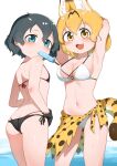  2girls absurdres animal_ears armpits ass bikini black_bikini black_gloves black_hair blonde_hair blue_eyes blush breasts cat_ears cat_tail chis_(js60216) cleavage fang food gloves highres kaban_(kemono_friends) kemono_friends large_breasts looking_at_viewer multiple_girls navel open_mouth popsicle popsicle_in_mouth print_skirt serval_(kemono_friends) serval_print shiny_hair short_hair simple_background skirt small_breasts smile swimsuit tail white_background white_bikini yellow_eyes 