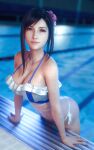  1girl 3d bare_shoulders bikini black_hair blurry blurry_background breasts closed_mouth english_commentary final_fantasy final_fantasy_vii final_fantasy_vii_rebirth final_fantasy_vii_remake flower hair_flower hair_ornament hibiscus highres large_breasts leaning_forward lips looking_at_viewer navel patreon_username pink_flower pool poolside red_eyes solo sreliata stomach swimsuit tifa_lockhart tifa_lockhart_(shining_spirit) wading water white_bikini 