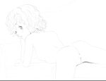  1girl :d anus ass berserk blush butterchalk completely_nude freckles from_behind greyscale highres isma looking_at_viewer looking_back medium_hair monochrome nipples nude pussy sketch smile solo spread_legs uncensored 