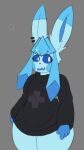 2024 ambiguous_gender anthro biped blue_body blue_fur blue_sclera bottomless cheek_spots clothed clothing cute_fangs dipstick_ears ear_markings ear_piercing eeveelution fangs fur generation_4_pokemon glaceon grey_background gushee huge_hips looking_at_viewer multicolored_ears nintendo open_mouth piercing pokemon pokemon_(species) pokemorph portrait simple_background solo standing sweater teeth thick_thighs three-quarter_portrait three-quarter_view topwear turtleneck white_eyes wide_hips