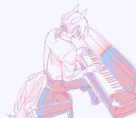  1boy animal_ears arknights collared_shirt commentary_request full_body hands_up highres horse_boy horse_ears horse_tail instrument korean_commentary limited_palette long_sleeves low_ponytail male_focus medium_hair mlynar_(arknights) music nills pants piano playing_instrument playing_piano purple_background shirt simple_background sitting solo tail 