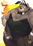  2023 anthro bear ben_(zenless_zone_zero) blush bow_tie bulge bunny_costume clothed clothing costume erection erection_under_clothing eye_scar facial_scar legwear male mammal mihoyo overweight overweight_male scar simple_background solo stockings totemoii_029 zenless_zone_zero 