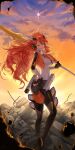  1girl absurdres amou_kanade black_gloves bodysuit closed_eyes coppepan dusk facing_viewer floating_hair gloves grin hair_between_eyes hand_on_own_hip headphones highres holding holding_polearm holding_weapon long_hair outdoors polearm red_hair senki_zesshou_symphogear smile solo standing very_long_hair weapon 