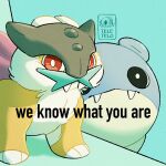  aquarium artist_name black_eyes bright_pupils chibi closed_mouth commentary english_text fangs fangs_out highres homophobic_dog_(meme) looking_at_viewer meme no_humans pokemon pokemon_(creature) raikou red_eyes spheal standing teletelo watermark white_pupils 