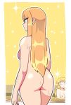  2girls absurdres ass back bathtub bbycheese blonde_hair blue_eyes breasts completely_nude highres long_hair looking_at_another mario_(series) metroid multiple_girls nipples nude pink_lips princess_peach relaxing samus_aran sparkle tagme water wet yellow_background 