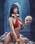  1girl absurdres armlet black_hair blue_eyes bracelet breasts commentary highres holding holding_skull jewelry large_breasts navel o-ring o-ring_dress parted_lips red_nails signature skull slingshot_dress solo vampirella vampirella_(character) will_jack 