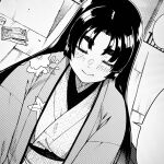  1girl closed_mouth facing_viewer greyscale happi highres japanese_clothes kimono monochrome original sash smile solo tachibana_roku thick_eyebrows 