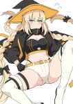  1girl aesc_(fate) blonde_hair blue_eyes blush braid breasts cleavage fate/grand_order fate_(series) hat large_breasts long_hair long_sleeves looking_at_viewer medium_breasts shiseki_hirame smile solo spread_legs thighhighs twin_braids witch_hat 