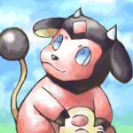  blue_eyes blue_sky bright_pupils closed_mouth cloud cow day english_commentary floppy_ears hooves horns looking_away miltank no_humans outdoors pokemon pokemon_(creature) sailorclef sky smile solo tail_raised udder white_horns white_pupils yellow_tail 