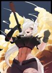  1girl ahoge animal_ear_fluff animal_ears asymmetrical_clothes black_gloves black_pants black_shirt breasts cloud corrupted_twitter_file crop_top discordia_(vtuber) elbow_pads epaulettes eyelashes fishnets fox_ears fox_girl fox_tail gloves grey_hair gun hair_over_one_eye highleg highleg_leotard highres holding holding_gun holding_weapon indie_virtual_youtuber large_breasts leotard navel open_fly open_mouth pants red_eyes rumi_(rumigawa31) second-party_source see-through see-through_leotard shirt shoulder_spikes single_elbow_pad single_pantsleg sky solo spikes tail toned virtual_youtuber weapon 