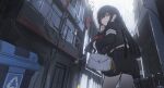  1girl bag black_hair black_jacket black_skirt handbag highres jacket long_hair looking_at_viewer original pleated_skirt red_eyes scenery school_uniform skirt solo wiersa 