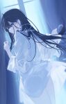  1girl ass bare_legs black_hair blue_curtains blue_eyes blue_nails blue_theme collared_shirt commentary cowboy_shot curtains from_behind hair_between_eyes hand_up light_blush long_hair looking_at_viewer nail_polish naked_shirt original parted_lips renren_(pixiv22963369) see-through see-through_shirt shirt signature solo symbol-only_commentary window 