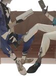  2boys absurdres ace_(playing_card) ace_of_spades aventurine_(honkai:_star_rail) black_footwear blue_jacket blue_pants book brown_socks card cleavage_cutout clothing_cutout couch dr._ratio_(honkai:_star_rail) fingerless_gloves foot_to_another&#039;s_crotch gloves highres hmdksolsw4 holding holding_card honkai:_star_rail honkai_(series) jacket jewelry male_focus multiple_boys pants playing_card reading ring sandals shirt shoes socks spade_(shape) white_pants yaoi 