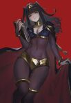 1girl bangs black_hair blunt_bangs bodystocking book bracelet breasts bridal_gauntlets cape circlet cleavage covered_navel english_commentary fire_emblem fire_emblem_awakening highres jewelry long_hair looking_at_viewer medium_breasts purple_eyes qosic red_background solo tharja_(fire_emblem) tiara two_side_up 