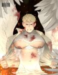  1boy bara bare_pectorals blood blood_from_mouth blood_on_face body_fur chimera cosplay cowboy_shot dungeon_meshi embers falin_touden falin_touden_(chimera) falin_touden_(chimera)_(cosplay) feathered_wings frown highres laios_touden laios_touden_(chimera) large_pectorals looking_at_viewer male_focus monster_boy monsterification muscular muscular_male nipples parody pectorals short_hair solo spread_wings tearing_clothes thick_eyebrows timmy_(tiimy_x) torn_clothes wings 