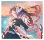  2girls belt black_hair black_jacket blurry blurry_background border brown_hair butterfly_hair_ornament chromatic_aberration closed_eyes demon_slayer_uniform floating_hair gradient_hair grey_belt hair_ornament haori highres hug jacket japanese_clothes kimetsu_no_yaiba kochou_kanae kochou_shinobu kuze_0131 long_hair long_sleeves multicolored_hair multiple_girls open_mouth purple_hair shiny_hair short_hair siblings sisters very_long_hair white_border wide_sleeves 