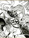  1girl bangs breasts character_name cleavage closed_mouth cowboy_shot cross-laced_clothes detached_sleeves dress english_text greyscale highres hijiri_byakuren holding ishida_kazuma large_breasts layered_dress long_hair looking_at_viewer monochrome shikishi smile solo sorcerer&#039;s_sutra_scroll touhou traditional_media 