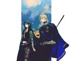  1boy 1girl blonde_hair blue_cape blue_eyes bow breasts byleth_(female)_(fire_emblem) byleth_(fire_emblem) cape dimitri_alexandre_blaiddyd feet_out_of_frame fire_emblem fire_emblem:_three_houses flower gauntlets green_hair hair_bow kaifei_(kaifei_29) long_hair looking_at_another navel outside_border pants pillarboxed shirt short_hair sunflower vambraces 