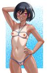  absurdres arm_behind_head black_hair breasts cameltoe cleft_of_venus cupless_swimsuit dark_skin hand_on_own_hip highres nipple_piercing nipples nude original piercing purple_eyes revealing_clothes short_hair small_breasts smile standing swimsuit tan tanlines vvv_(vvv98048917) 